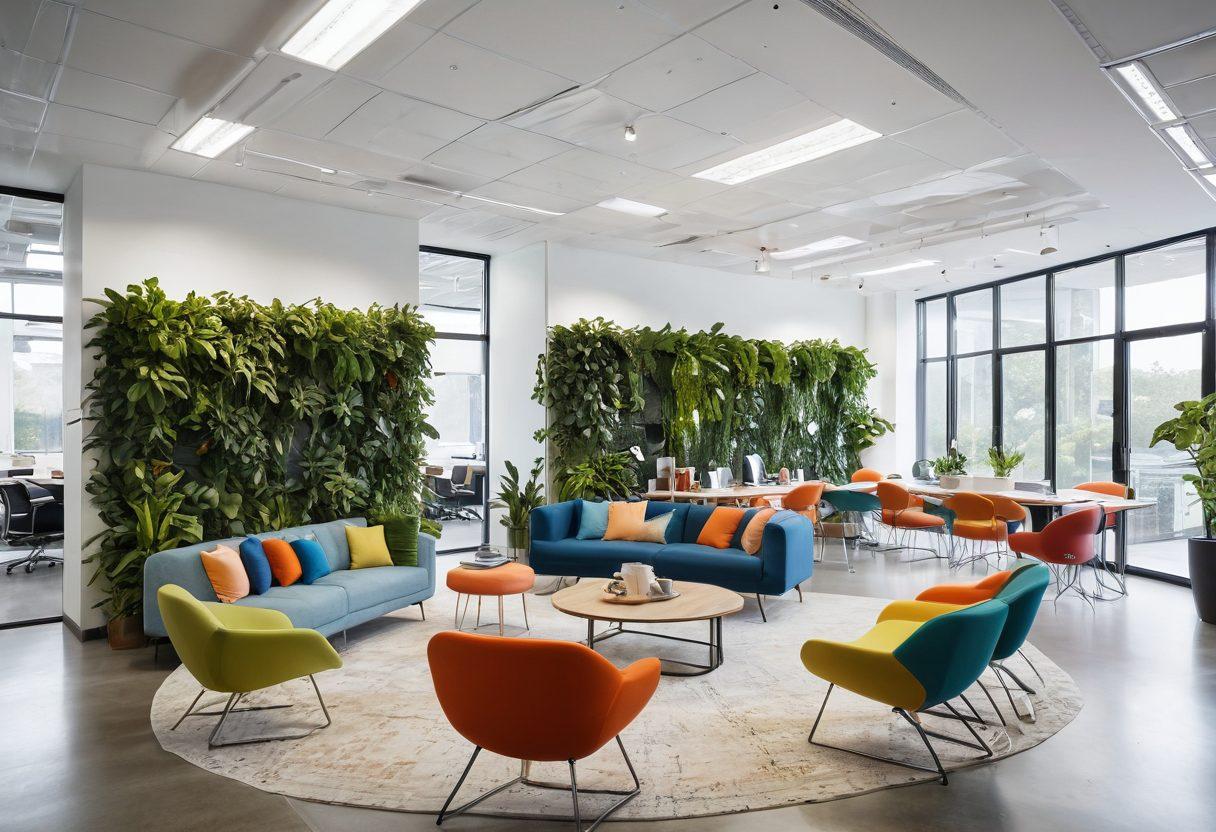 A vibrant office space filled with greenery, natural light streaming through large windows, and employees engaging in collaborative discussions. Include colorful inspiration boards, cozy seating areas, and elements of playful decor to reflect a joyful yet productive atmosphere. Incorporate smiling faces and subtle technology to signify innovation. super-realistic. bright colors. modern design.