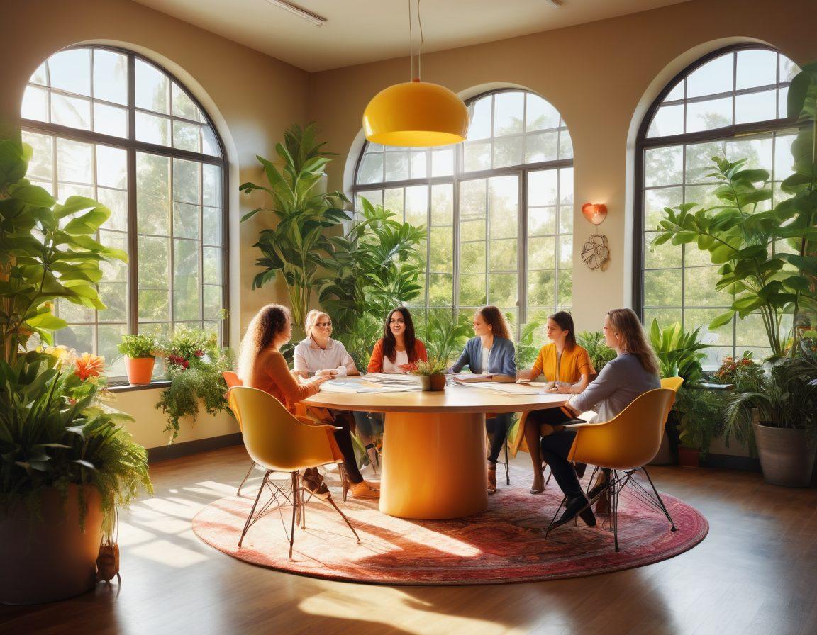 A vibrant office scene depicting diverse team members collaborating joyfully at a large round table, surrounded by plants and colorful decor reflecting a positive atmosphere. Include elements of community engagement, such as a notice board filled with upcoming events and appreciation notes. The sunlight streaming in through large windows, creating a warm ambiance. super-realistic. vibrant colors. modern design.