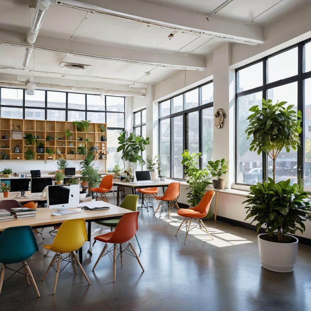 A vibrant, open office space filled with diverse individuals collaborating and smiling, showcasing community engagement through dynamic discussions and teamwork. Include elements such as plants for a refreshing atmosphere and a large window revealing a sunny park outside, symbolizing connection to the community. The scene should radiate positivity and joy, capturing the essence of a joyful workspace. super-realistic. vibrant colors. airy composition.